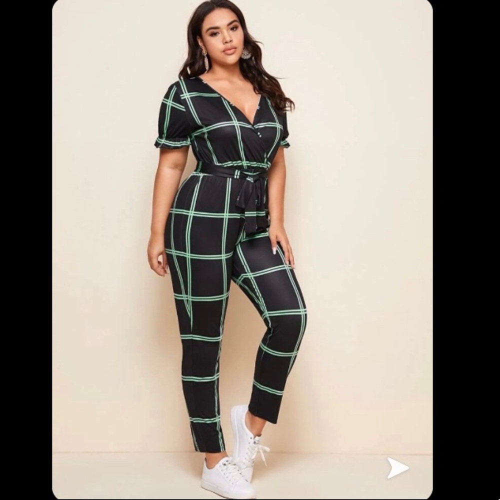 Ruffle cuff plaid Jumpsuit